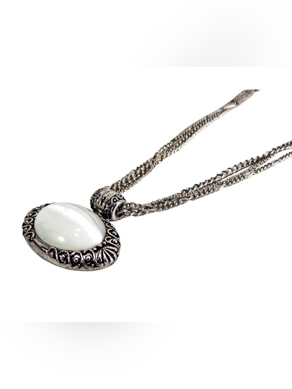 Oval white cat eye stone pendant necklacen silver scroll setting on 3 chains New